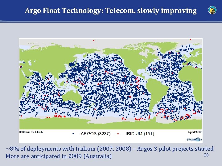 Argo Float Technology: Telecom. slowly improving ~8% of deployments with Iridium (2007, 2008) –