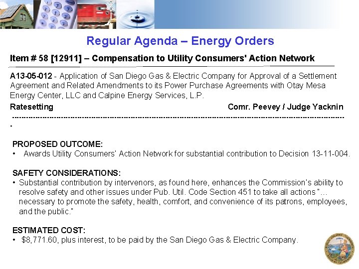 Regular Agenda – Energy Orders Item # 58 [12911] – Compensation to Utility Consumers'