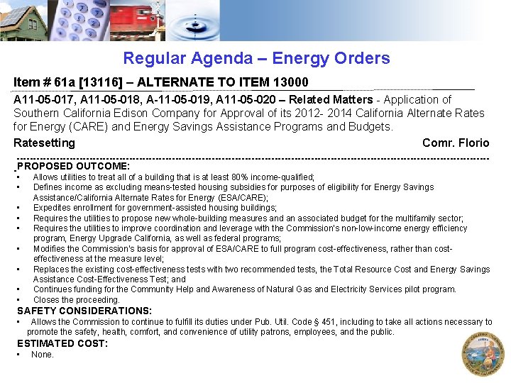 Regular Agenda – Energy Orders Item # 61 a [13116] – ALTERNATE TO ITEM