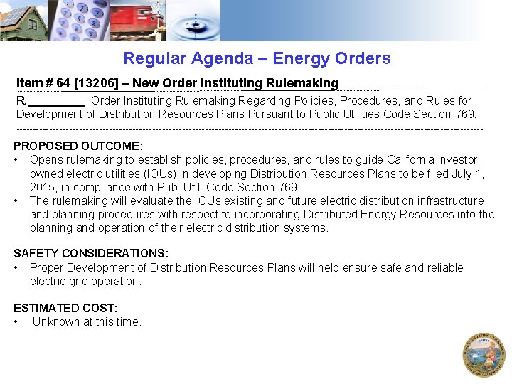 Regular Agenda – Energy Orders Item # 64 [13206] – New Order Instituting Rulemaking