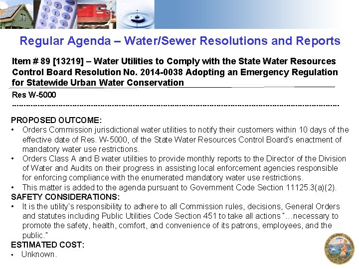 Regular Agenda – Water/Sewer Resolutions and Reports Item # 89 [13219] – Water Utilities