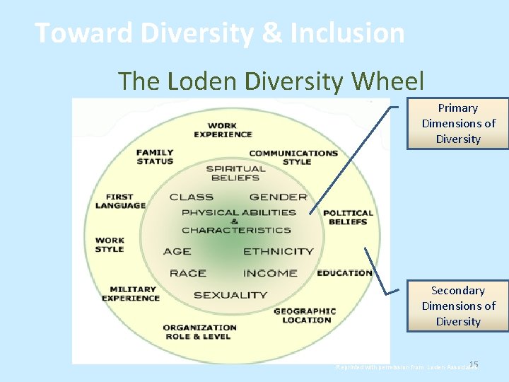 Toward Diversity & Inclusion The Loden Diversity Wheel Primary Dimensions of Diversity Secondary Dimensions