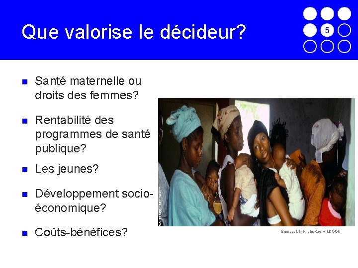 Que valorise le décideur? Santé maternelle ou droits des femmes? Rentabilité des programmes de