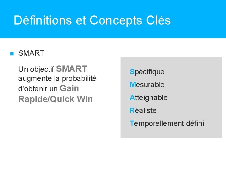 Définitions et Concepts Clés SMART Un objectif SMART augmente la probabilité d’obtenir un Gain