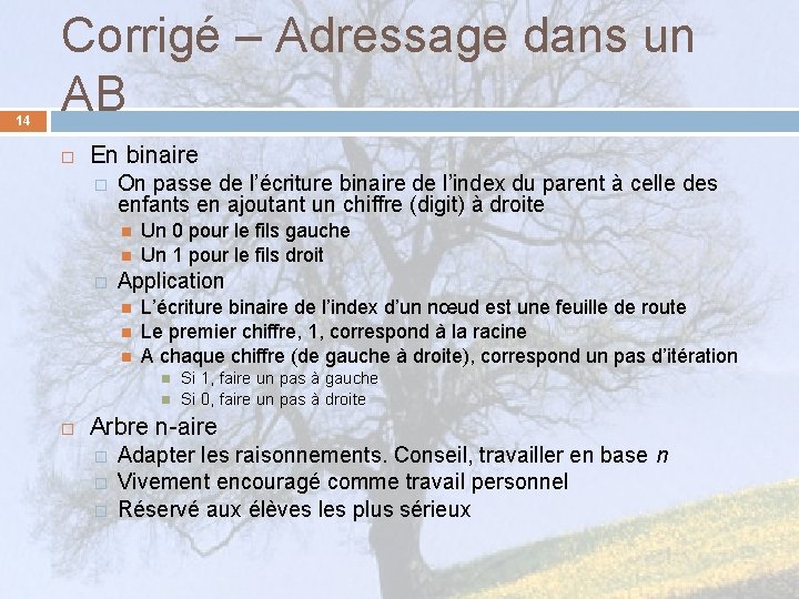 14 Corrigé – Adressage dans un AB En binaire � On passe de l’écriture