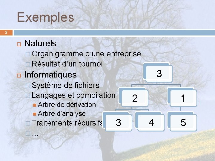 Exemples 2 Naturels � Organigramme d’une entreprise � Résultat d’un tournoi 3 Informatiques �