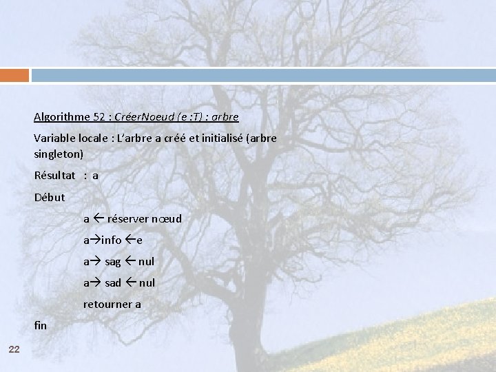 Algorithme 52 : Créer. Noeud (e : T) : arbre Variable locale : L’arbre