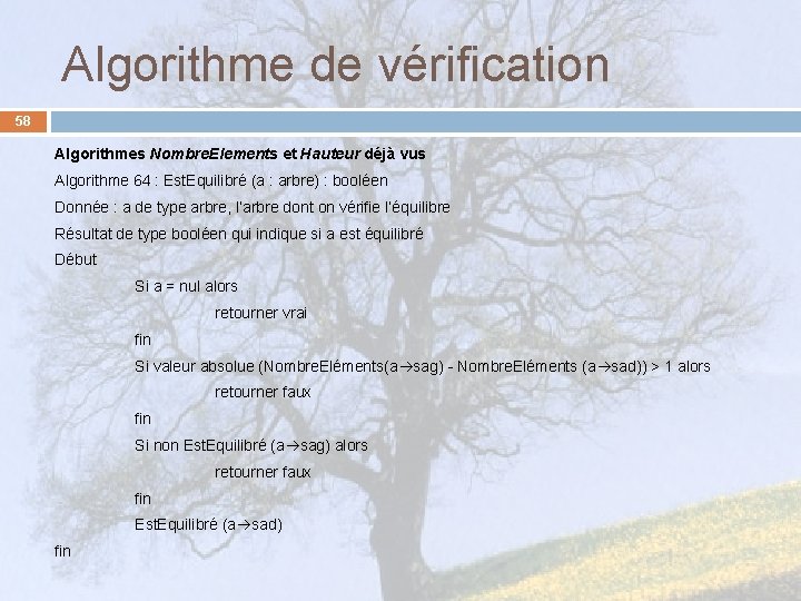 Algorithme de vérification 58 Algorithmes Nombre. Elements et Hauteur déjà vus Algorithme 64 :