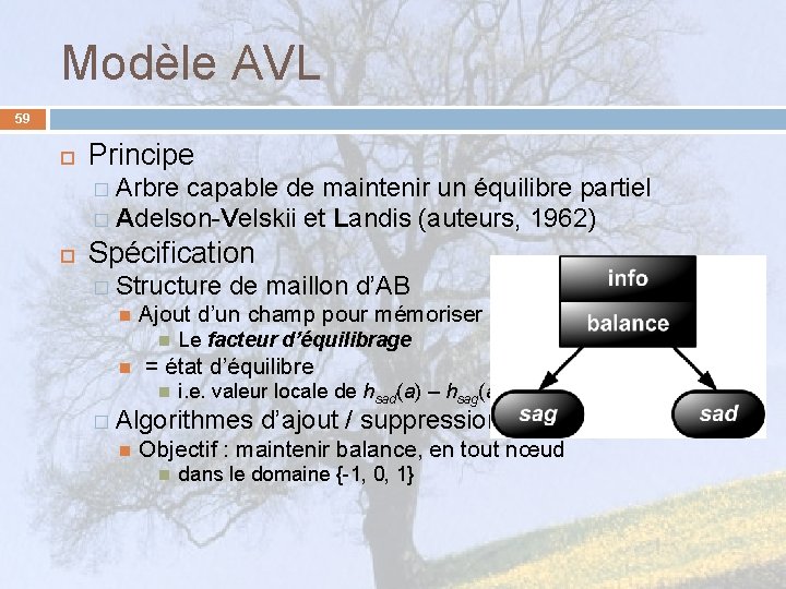 Modèle AVL 59 Principe � Arbre capable de maintenir un équilibre partiel � Adelson-Velskii