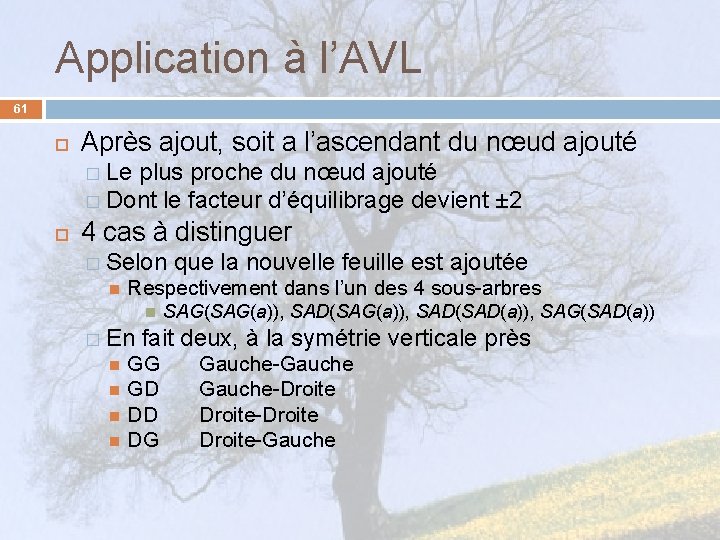 Application à l’AVL 61 Après ajout, soit a l’ascendant du nœud ajouté � Le