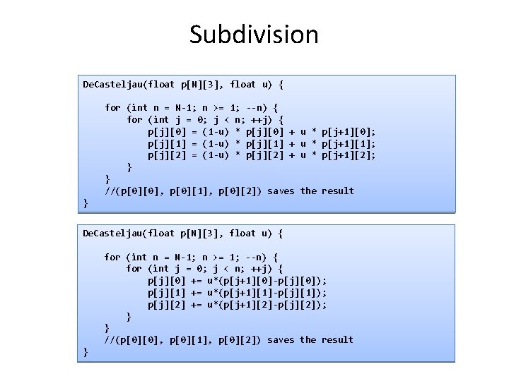 Subdivision De. Casteljau(float p[N][3], float u) { for (int n = N-1; n >=
