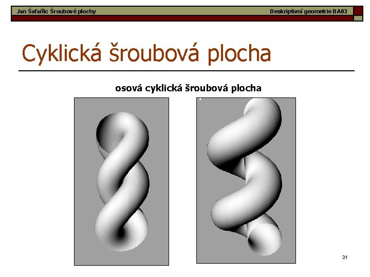 Jan Šafařík: Šroubové plochy Deskriptivní geometrie BA 03 Cyklická šroubová plocha osová cyklická šroubová