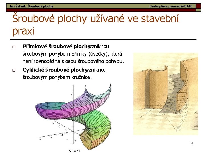 Jan Šafařík: Šroubové plochy Deskriptivní geometrie BA 03 Šroubové plochy užívané ve stavební praxi