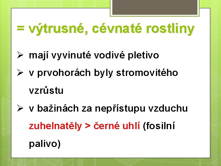 = výtrusné, cévnaté rostliny Ø mají vyvinuté vodivé pletivo Ø v prvohorách byly stromovitého