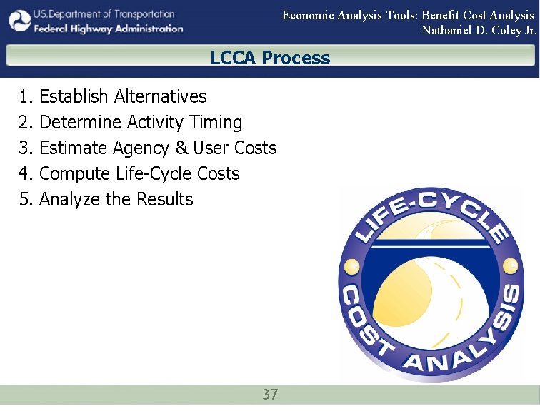 Economic Analysis Tools: Benefit Cost Analysis Nathaniel D. Coley Jr. LCCA Process 1. 2.
