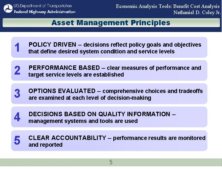Economic Analysis Tools: Benefit Cost Analysis Nathaniel D. Coley Jr. Asset Management Principles 1