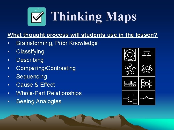 Thinking Maps What thought process will students use in the lesson? • Brainstorming, Prior