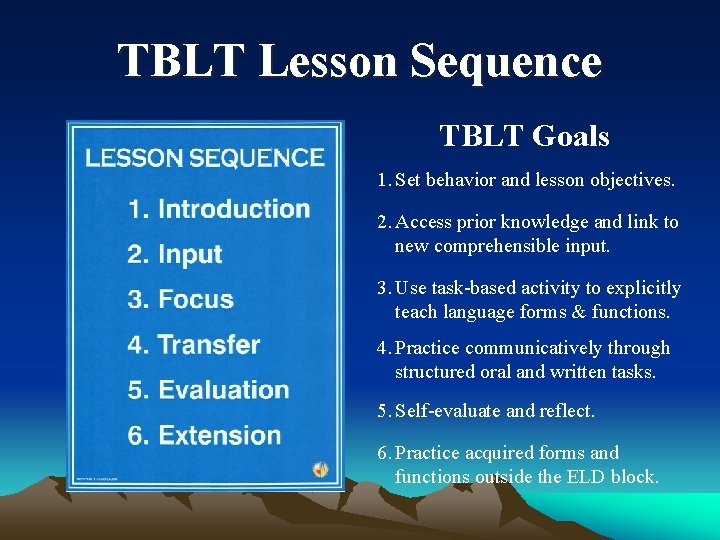 TBLT Lesson Sequence TBLT Goals 1. Set behavior and lesson objectives. 2. Access prior