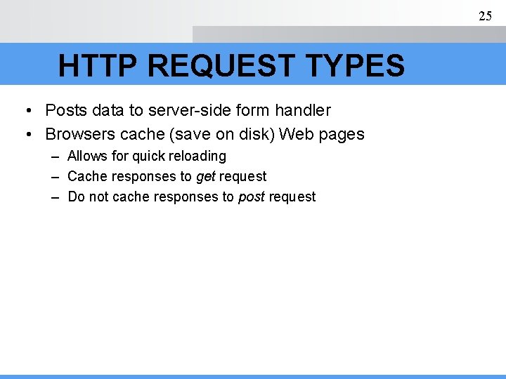 25 HTTP REQUEST TYPES • Posts data to server-side form handler • Browsers cache