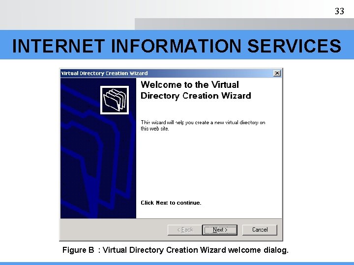 33 INTERNET INFORMATION SERVICES Figure B : Virtual Directory Creation Wizard welcome dialog. 