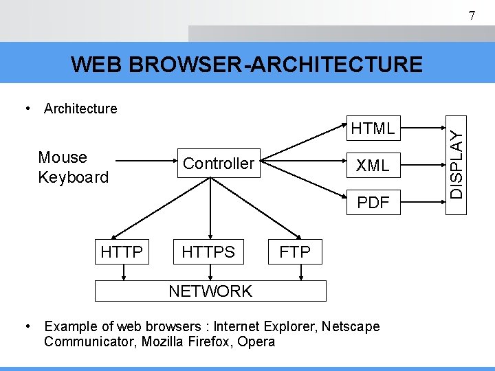 7 WEB BROWSER-ARCHITECTURE HTML Mouse Keyboard Controller XML PDF HTTPS FTP NETWORK • Example