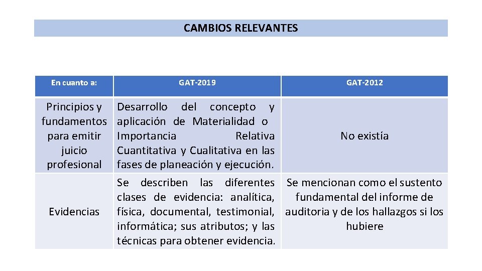 CAMBIOS RELEVANTES En cuanto a: GAT-2019 GAT-2012 Principios y fundamentos para emitir juicio profesional