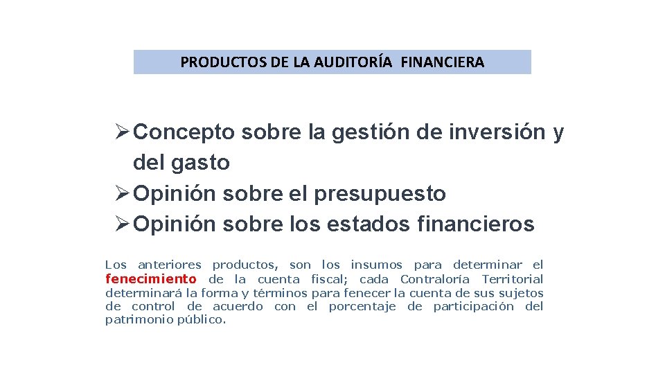 PRODUCTOS DE LA AUDITORÍA FINANCIERA Concepto sobre la gestión de inversión y del gasto