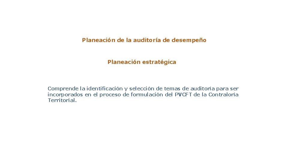 Planeación de la auditoría de desempeño Planeación estratégica Comprende la identificación y selección de