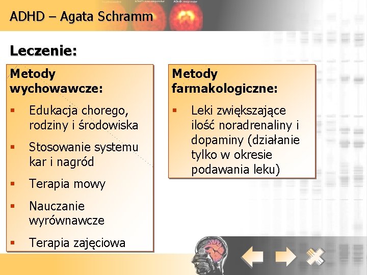 ADHD – Agata Schramm Leczenie: Metody wychowawcze: § Edukacja chorego, rodziny i środowiska §