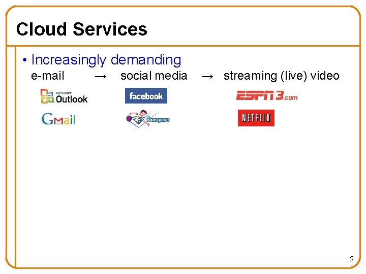 Cloud Services • Increasingly demanding e-mail → social media → streaming (live) video 5