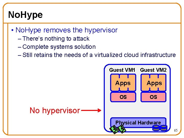 No. Hype • No. Hype removes the hypervisor – There’s nothing to attack –