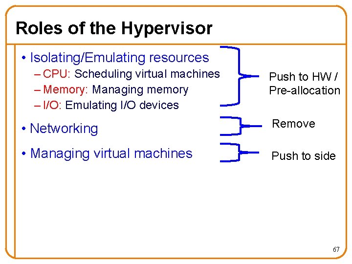 Roles of the Hypervisor • Isolating/Emulating resources – CPU: Scheduling virtual machines – Memory:
