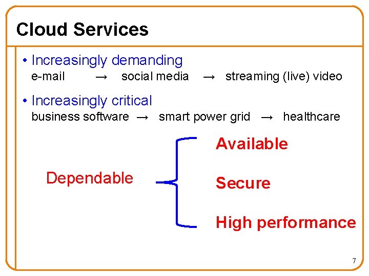 Cloud Services • Increasingly demanding e-mail → social media → streaming (live) video •