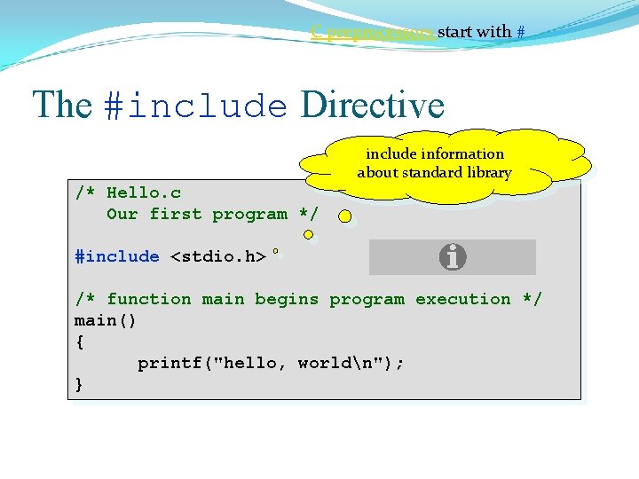 C preprocessors start with # The #include Directive include information about standard library /*