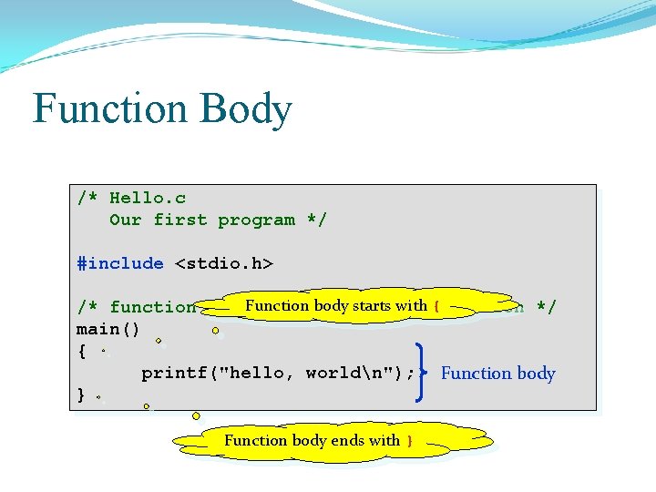 Function Body /* Hello. c Our first program */ #include <stdio. h> body starts