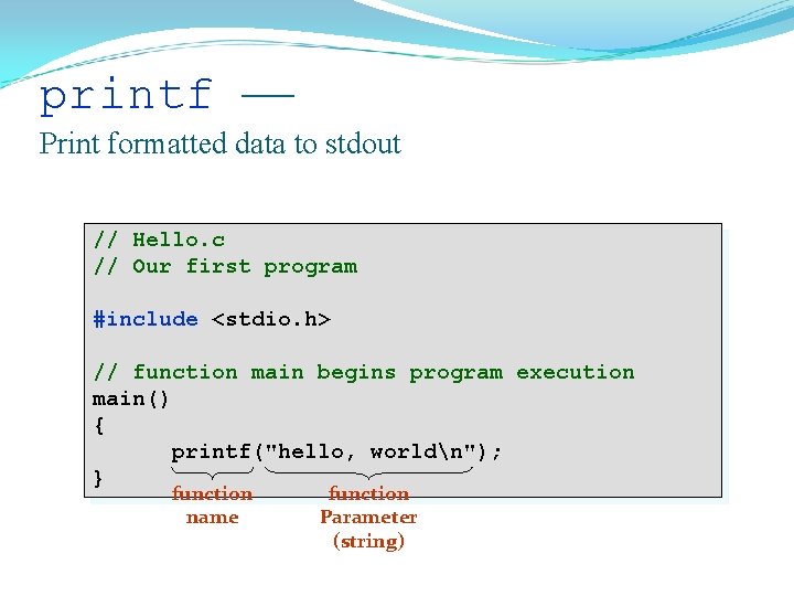 printf Print formatted data to stdout // Hello. c // Our first program #include