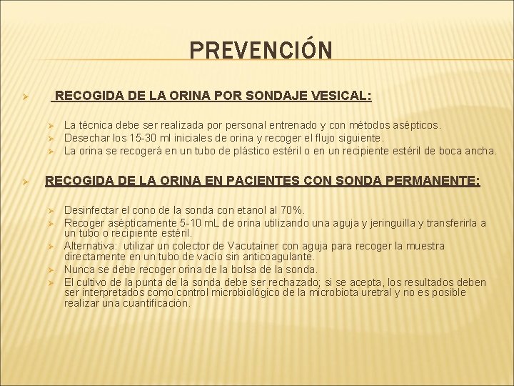 PREVENCIÓN RECOGIDA DE LA ORINA POR SONDAJE VESICAL: Ø Ø La técnica debe ser