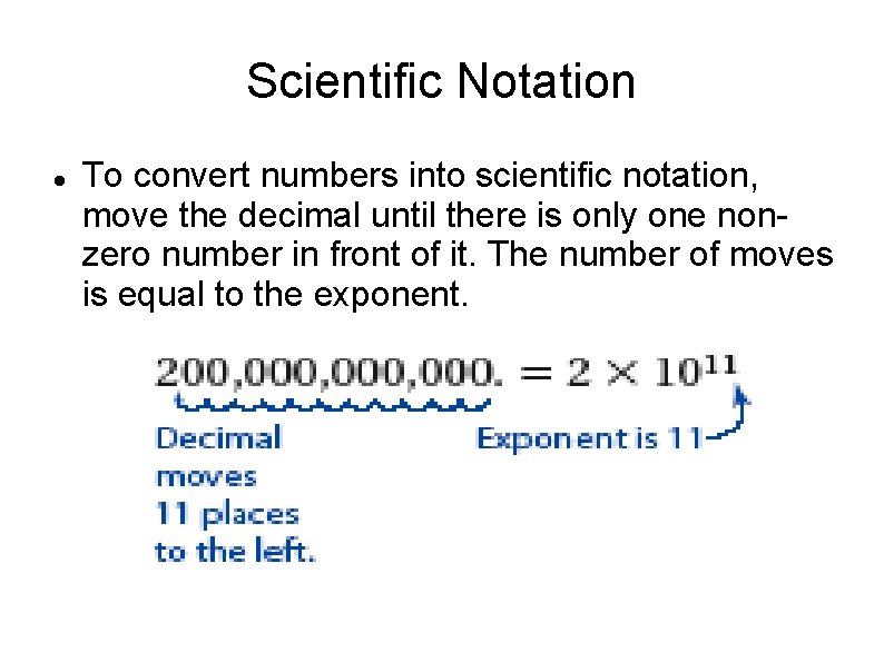 Scientific Notation To convert numbers into scientific notation, move the decimal until there is Scientific Notation To convert numbers into scientific notation, move the decimal until there is
