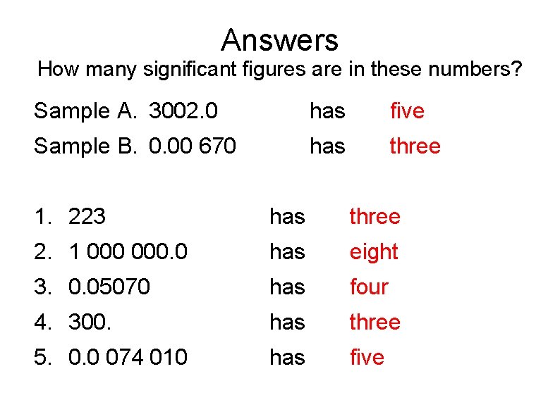 Answers How many significant figures are in these numbers? Sample A. 3002. 0 has Answers How many significant figures are in these numbers? Sample A. 3002. 0 has