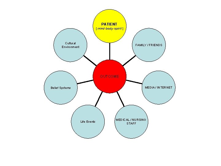PATIENT [ mind-body-spirit ] Cultural Environment FAMILY / FRIENDS OUTCOME MEDIA / INTERNET Belief