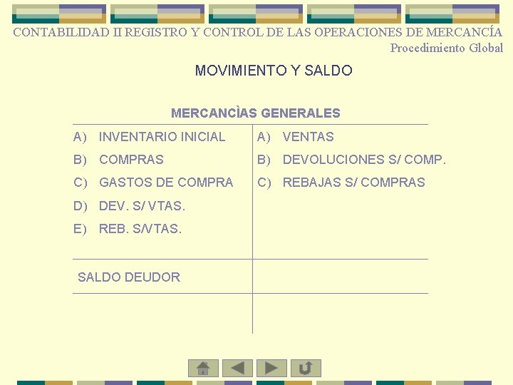CONTABILIDAD II REGISTRO Y CONTROL DE LAS OPERACIONES DE MERCANCÍA Procedimiento Global MOVIMIENTO Y