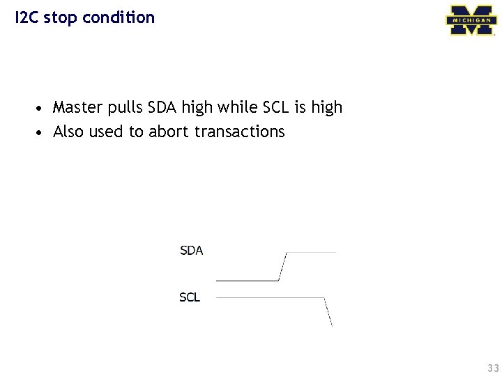 I 2 C stop condition • Master pulls SDA high while SCL is high