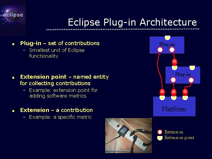 Eclipse Plug-in Architecture ■ Plug-in – set of contributions Plug-in – Smallest unit of