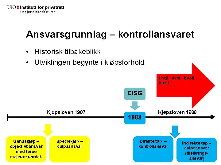 Ansvarsgrunnlag – kontrollansvaret • Historisk tilbakeblikk • Utviklingen begynte i kjøpsforhold Hvtjl. , avhl.