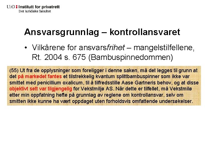 Ansvarsgrunnlag – kontrollansvaret • Vilkårene for ansvarsfrihet – mangelstilfellene, Rt. 2004 s. 675 (Bambuspinnedommen)