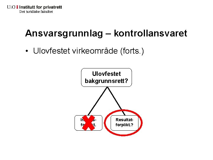 Ansvarsgrunnlag – kontrollansvaret • Ulovfestet virkeområde (forts. ) Ulovfestet bakgrunnsrett? Innsatsforplikt. Resultatforplikt. ? 