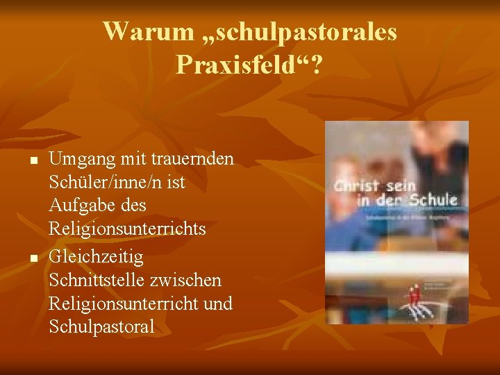 Warum „schulpastorales Praxisfeld“? n n Umgang mit trauernden Schüler/inne/n ist Aufgabe des Religionsunterrichts Gleichzeitig
