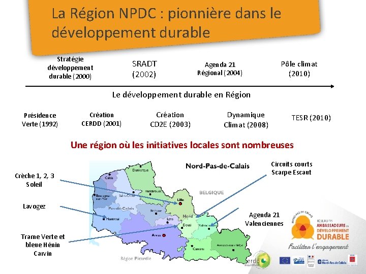 La Région NPDC : pionnière dans le développement durable Stratégie développement durable (2000) SRADT