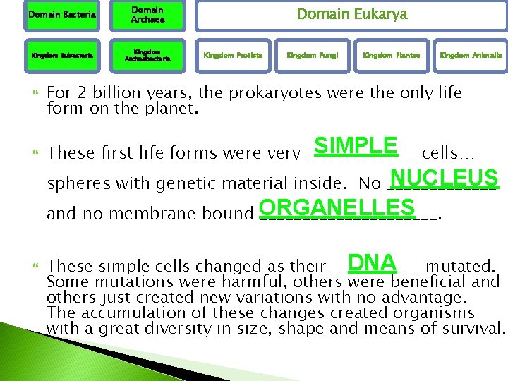 Domain Bacteria Domain Archaea Kingdom Eubacteria Kingdom Archaebacteria Domain Eukarya Kingdom Protista Kingdom Fungi