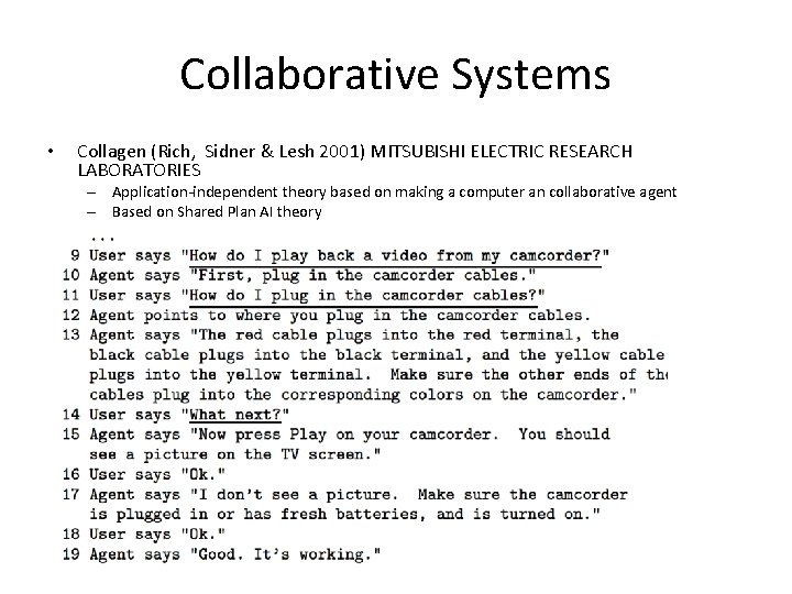 Collaborative Systems • Collagen (Rich, Sidner & Lesh 2001) MITSUBISHI ELECTRIC RESEARCH LABORATORIES –